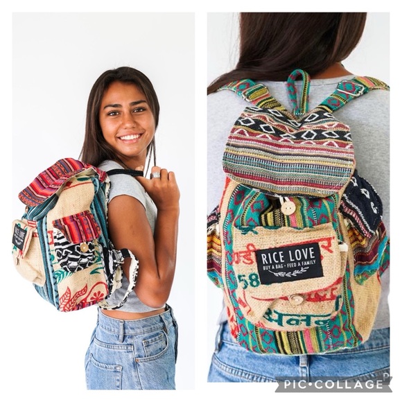 Rice Love Handbags - Rice Love Recycled Burlap Multicolor Boho Print Rice Bag Travel Backpack